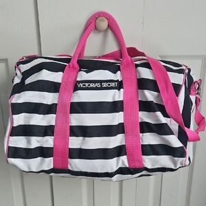 Victoria's Secret Black and White Striped Travel Bag with Pink Accents